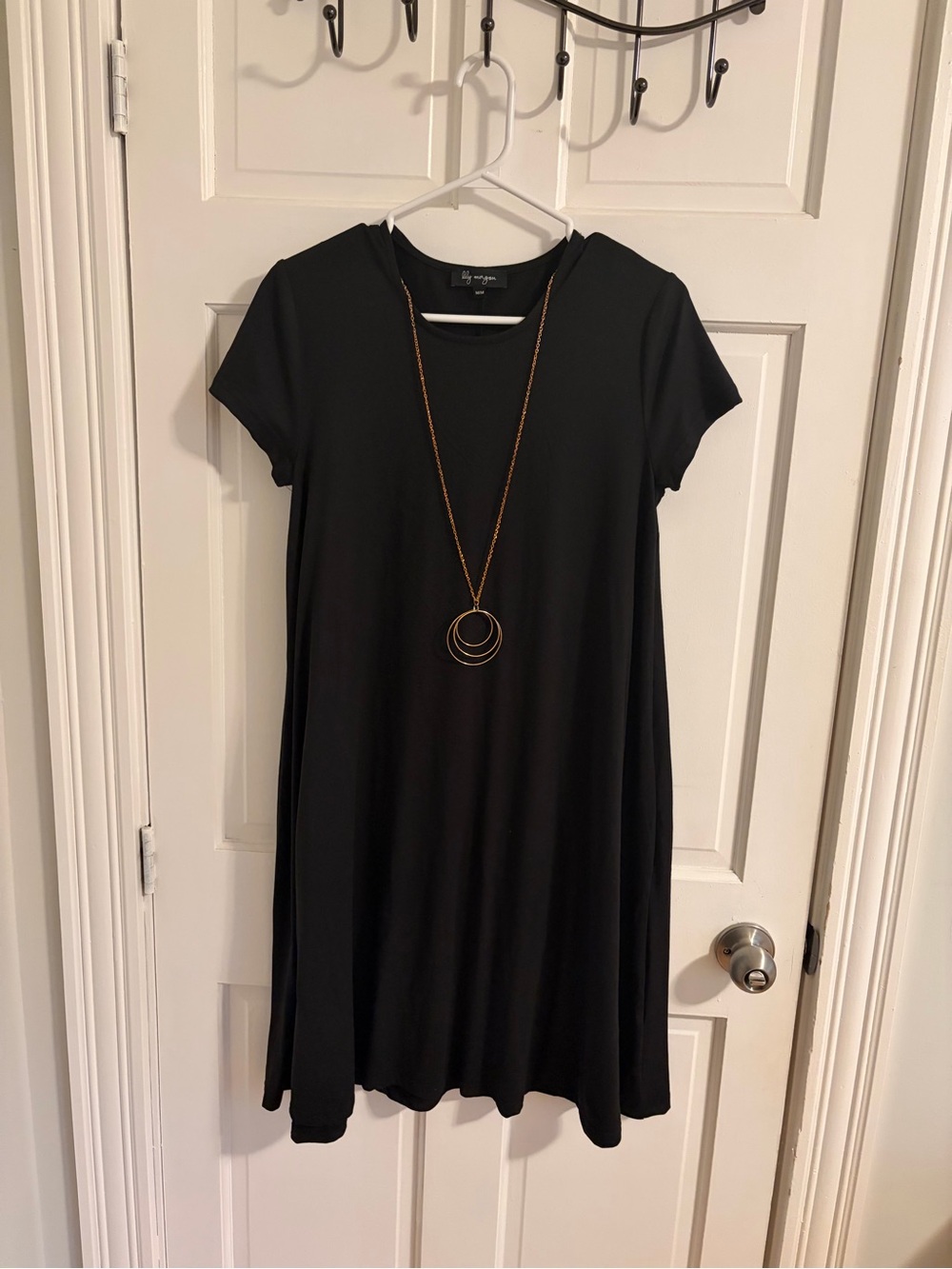 Black Short-Sleeve Midi Swing Dress with Pendant Detail